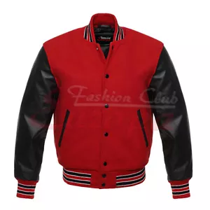 Varsity Letterman Wool Jacket with Leather Sleeves in RED color XS TO 4XL - Picture 1 of 7