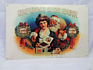Panneau en métal cigare vintage compliments de la saison - Père Noël-16" x 10,5"