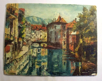 HUILE ancienne sur panneau Le VIEUX ANNECY belles couleurs Rivière Pont Montagne - Photo 1/3