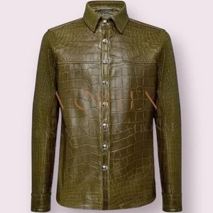 Men's Green Crocodile Print Leather Shirt Genuine Lambskin Leather shirt - Picture 1 of 2