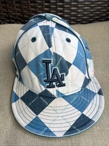 Los Angeles Dodgers New Era Square Fitted Plaid Hat Size 7 5/8 Blue Vintage Rare - Picture 1 of 15