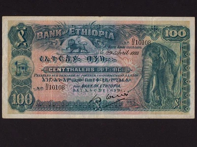 Ethiopia:P-10, 100 Thalers, 1933 * Elephant * First Issue ! * VF- * - Image 1 of 2