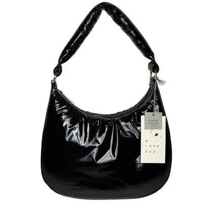 NEW A New Day Modern BLACK Shiny Puffy Shoulder Bag Hobo Detachable Strap Y2K - Image 1 of 4