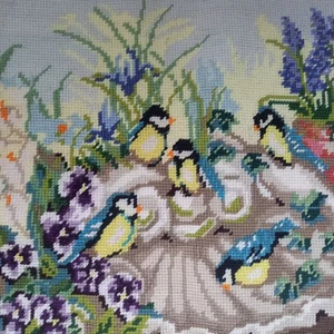 Vintage Needlepoint Hand Stitched Tapestry Unframed Blue Tits and flowers - Picture 1 of 4
