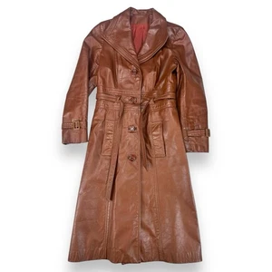 VTG Ambe Leather Trench Coat Womens S Rich Brown Belted Hooded Button Front - Picture 1 of 7