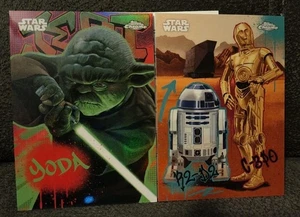 2025 Topps Chrome Star Wars Yoda & R2-D2 & C-3P0 Galactic Graffiti SSP combo  - Picture 1 of 6
