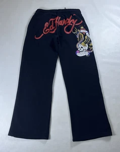 Ed Hardy Sweatpants Womens SZ M Black Baggy Y2K Skull Wide Leg - Picture 1 of 15