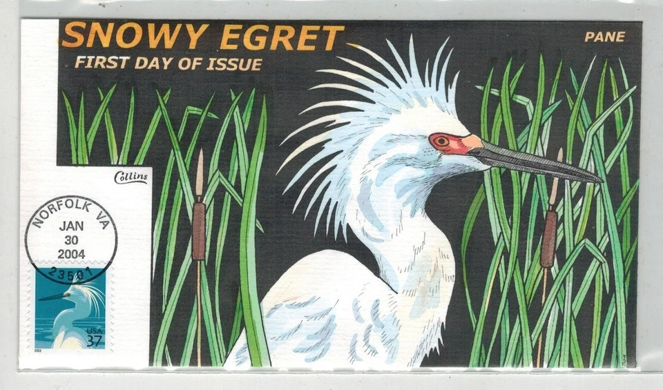 2004 COLLINS HANDPAINTED 3804D BIRDS SNOWY EGRET ALLOVER CACHET VIRGINIA - Image 1 of 1