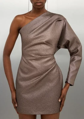 NWT $380 Karen Millen Tailored One Shoulder Mini Dress in Metallic Taupe sz 4 - Image 1 of 4