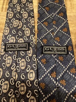 GUESS Men's Necktie Blue Grey Art Geometric 100% Silk LOT of 2 - Image 1 of 4