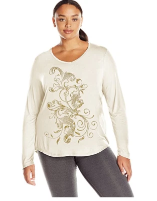 NWT Just My Size 3X  Light Weight L/S V Neck Glitzy Graphic Tee Top Chalk White - Image 1 of 4