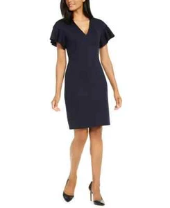 Elie Tahari Geraldine V-Neck Dress Womens 12 Navy Short Flutter Sleeve Lined Zip - Picture 1 of 14