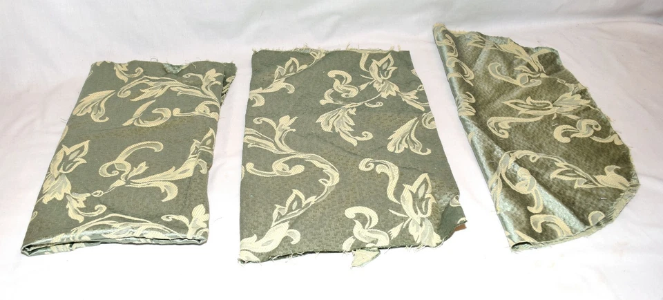 Vintage 3 Sizes Green Cream Swirls Embroidered Satin Upholstery Fabric Remnants - Image 1 of 4