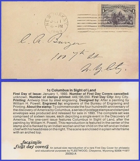 USA4 # 230 ADDR FACSIMILE FDC   1¢ Columbus in Sight of Land - Image 1 of 1