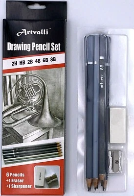 6 Pencils + 1 Eraser + 1 Sharpener Artvalli Drawing Pencil Set 2H HB 2B 4B 6B 8B - image 1 of 3