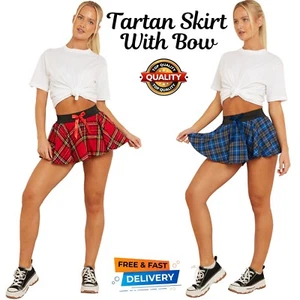 WOMENS TARTAN MINI SCHOOL SKIRTS WITH BOW CASUAL SKATER SKIRT FANCY DRESS PARTY - Picture 1 of 24