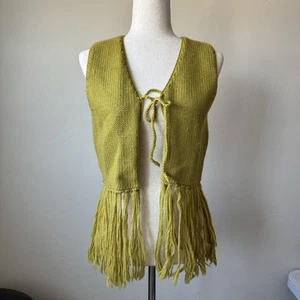 Vintage Tarni Strick Cropped Weste Medium 38 Boho Wolle grün vorne zum Binden Quaste - Bild 1 von 5