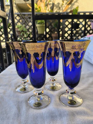 Set of 4 Mouth Blown Arte Italica Medici 24-K Gold Cobalt Blue Champagne Flutes - Image 1 of 4