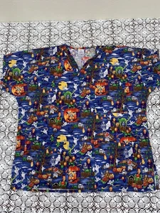 Scrubs Scrub Top Holiday Halloween Skeleton Witch Cat Women's XL - Picture 1 of 11
