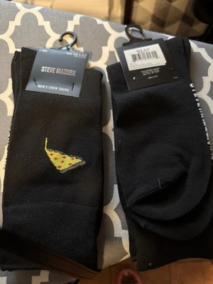 2双Steve Madden男式船员袜6-12.5黑色比萨标志全新带标签 — 第 1/2 张图片