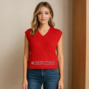Sincerely Jules Red Cable Knit Sleeveless Sweater V-Neck Academia Preppy Size L - Picture 1 of 13