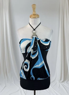 Y2K Sequin Abstract Halter Top 2000s Glam Clubwear Party Rave Punk Rock Buckle S - Image 1 of 4