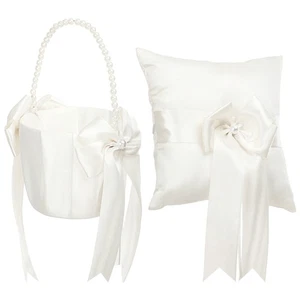 Flower Girl Basket Ring Pillow Set Wedding Cushion for Rings Bride Miss - Picture 1 of 12