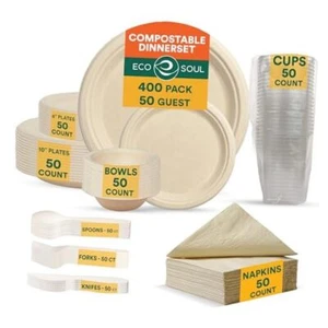 Pcs Compostable Dinnerware Set For 50 Guests, 50 Pcs Each Of Eco Round 400 - Picture 1 of 8