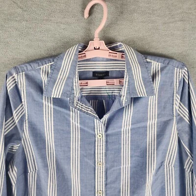 Talbots Top Women 8 Blue White Stripe Button Up Blouse Roll Tab Sleeve - Image 1 of 4