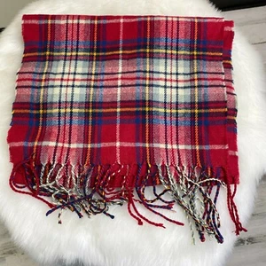 Red and Blue Plaid Fringe Scarf - Picture 1 of 5