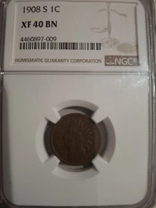 Indian Head Cent 1908 S Key Date-NGC Slab Graded XF 40 BN  US Coins Free Ship BO - Picture 1 of 11