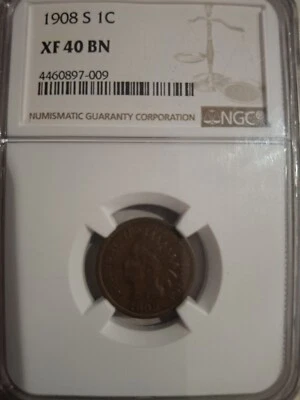 Indian Head Cent 1908 S Key Date-NGC Slab Graded XF 40 BN  US Coins Free Ship BO - Image 1 of 4