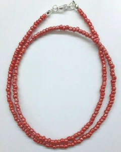 RED LUSTRE HANDMADE SEED BEAD NECKLACE 18" SILVER - N17 - Picture 1 of 2