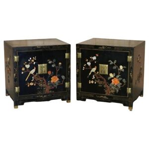 PAIR OF VINTAGE CHINESE CHINOISERIE SOAPSTONE SIDE CABINETS BEDSIDE TABLES