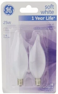 GE 66105 2 Pack 25 Watt Soft White Flame Shape Decorative Candelabra Light Bulbs - Picture 1 of 5