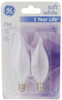 GE 66105 2 Pack 25 Watt Soft White Flame Shape Decorative Candelabra Light Bulbs - Image 1 of 4