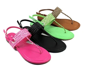 Bamboo Woven Thong Slingback Sandals Buckle Closure Faux Leather Womens Shoes - Picture 1 of 21