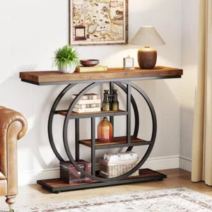 New 41.3" Brown Wood Console Table, Industrial 4-Tier Entryway Sofa Table - Picture 1 of 7