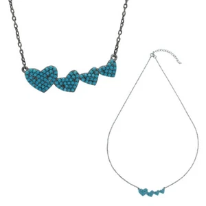 Sterling Argento Nero Placcato Rodio Collana W/Turchese Pietre Cuori Ciondolo - Foto 1 di 4