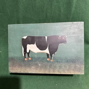 Vintage Wood Outsider Folk Art Cow Acrylic On Canvas Sit Or Hang 12”x7.5” - Picture 1 of 5