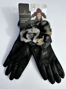 Cuddl Duds Black Leather Touch Screen Compatible Gloves w/ Faux Fur Cuff sz L - Picture 1 of 7