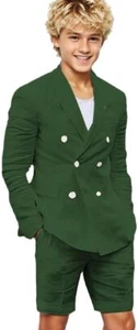 Boy Linen Suit Formal 2 Pieces Summer Tuxedo Double Breasted Shorts Set Stylish - Picture 1 of 33