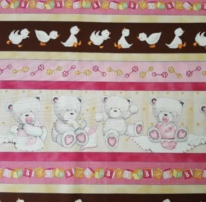 Baby Bear Hugs BTY Quilting Treasures Popcorn the Bear Pink Brown Stripe - Picture 1 of 4