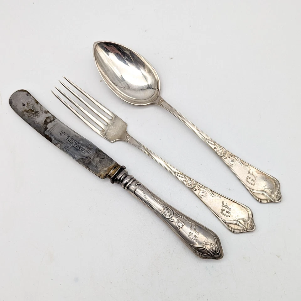 Antiguo Juego de Cubiertos Cuchara Cuchillo Henckels Plata 800 Art Nouveau Haegermann Foto 1 de 4