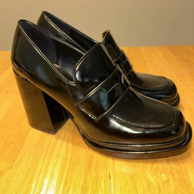 Steve Madden Pingo Negro Patente Plataforma Mocasín Tacones Talla 9.5 Y2K Gótico Foto 1 de 4
