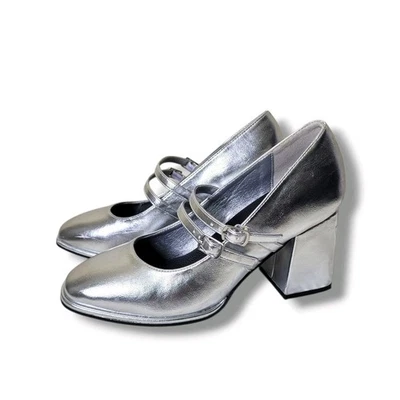 Zapatos de salón MIA Mary Jane para mujer 8 plateados metálicos doble correa tacón bloque retro Y2K Foto 1 de 4