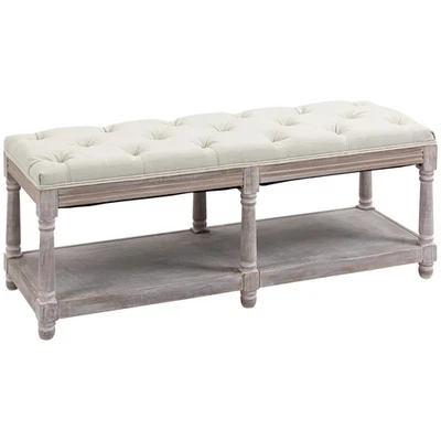 HOMCOM 2-Tier Bed End Bench, Vintage Stool Button Tufted Window Seat Cream White - Image 1 of 4
