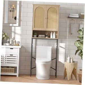 Rattan Toilet Storage Cabinet, Over The Rack Wood Cabinet with Metal Stand, - Picture 1 of 7