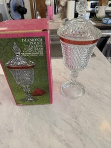 VTG INDIANA GLASS DIAMOND POINT RUBY RED FLASHED LIDDED PEDESTAL CANDY DISH NEW - Picture 1 of 6
