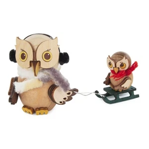 Miniature Owl Sleigh Ride with Child Height approx. 7cm NEW Wooden Animal Owl - Picture 1 of 1